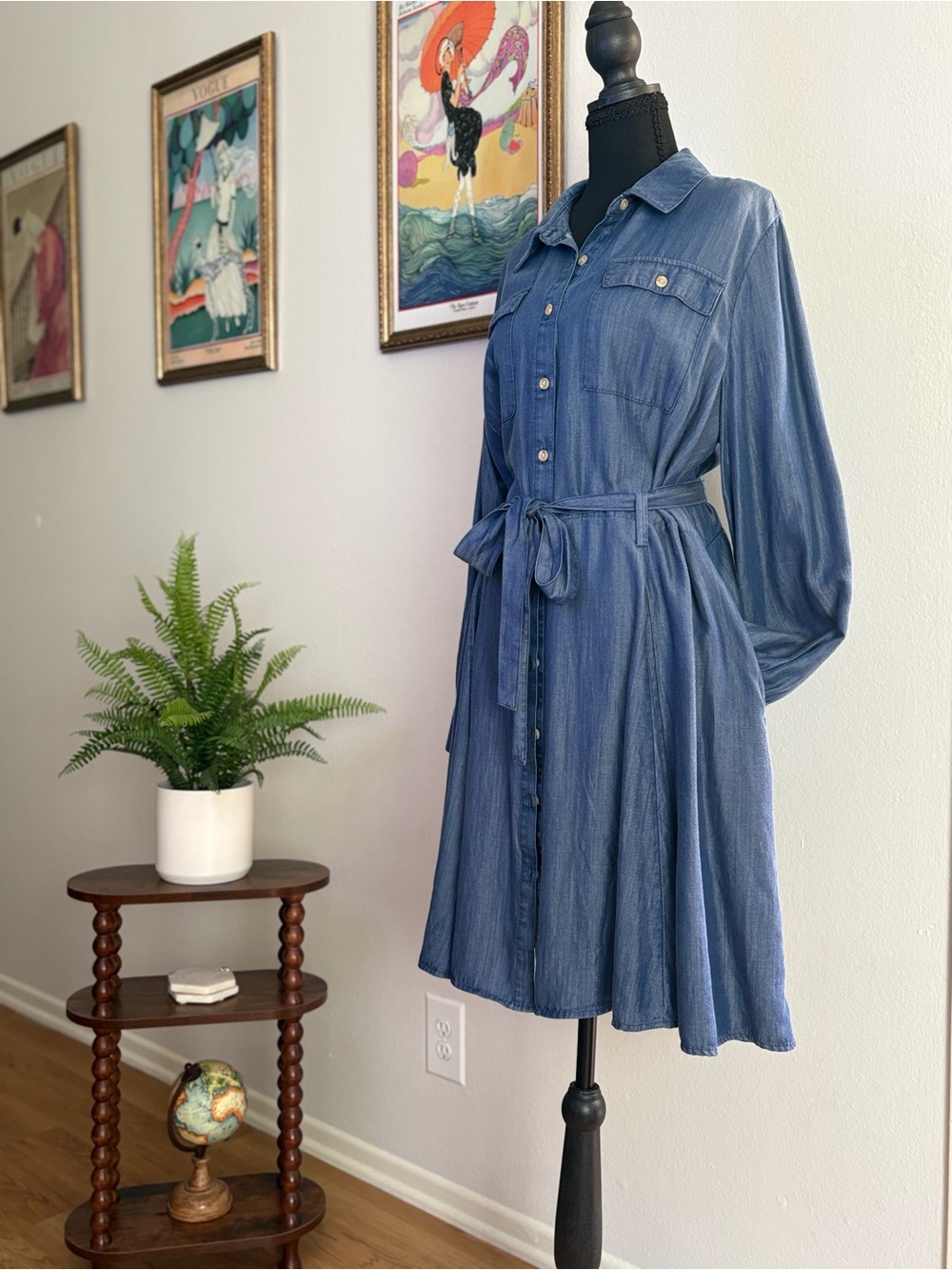 Button-Front Blue Midi Shirt Dress with Tie Waist
